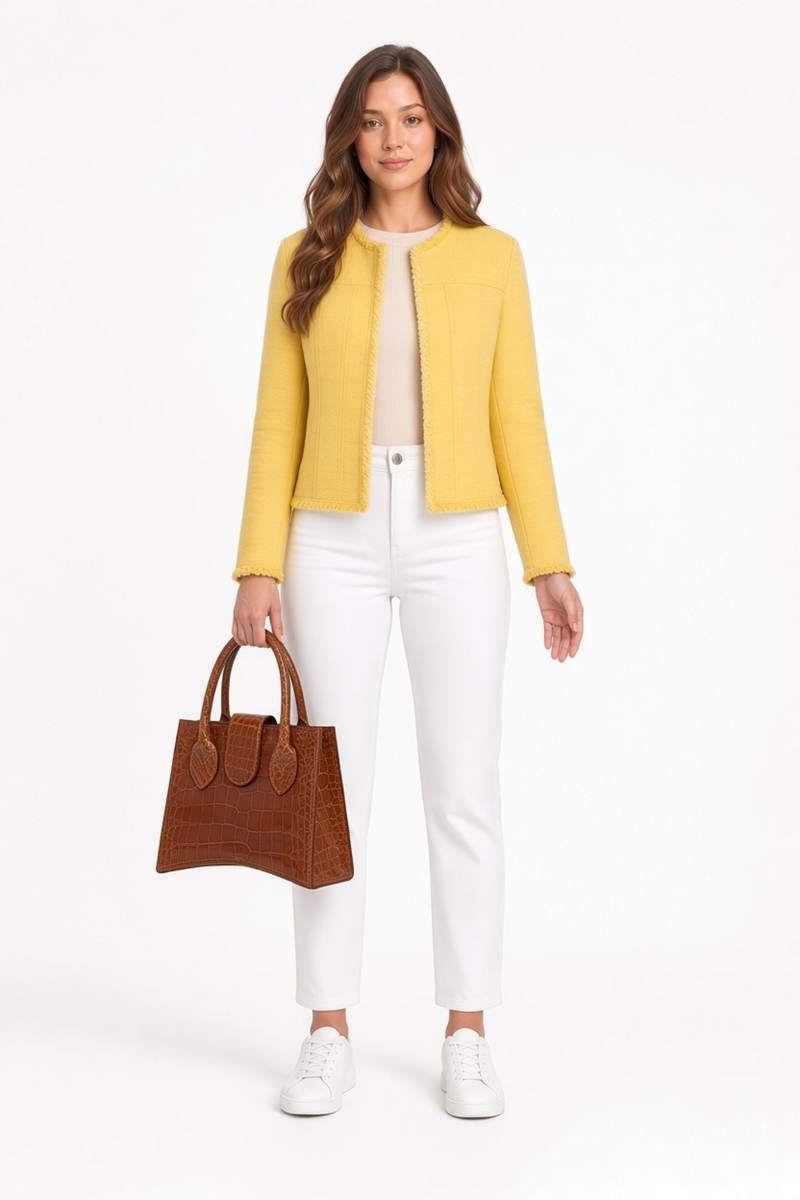 After — jacket and bag on the same look
